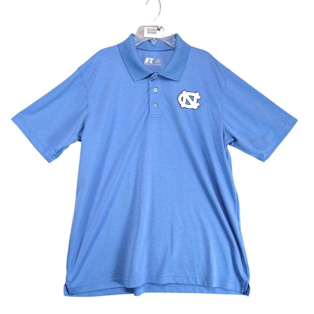 UNC Tar Heels Carolina Blue Polo Shirt Men's L Russell Athletic NCAA Logo Fan